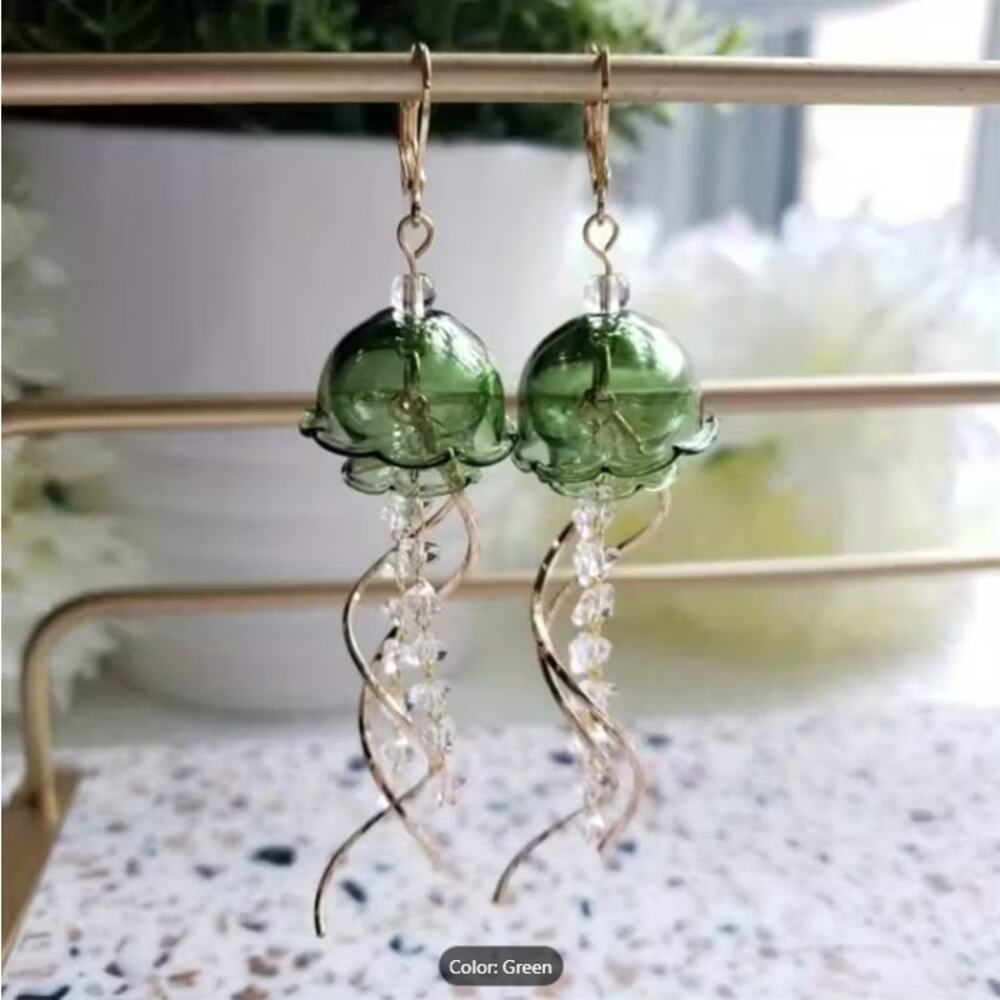 Green Jellyfish Glass Dangle Earrings – Ocean-Inspired Handmade Jewelry